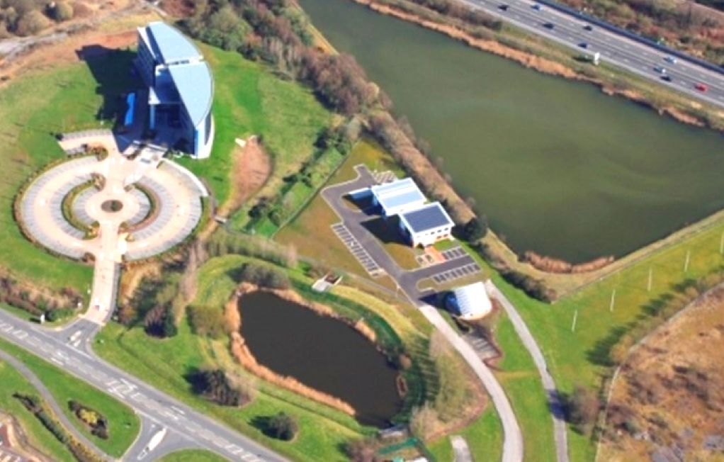Aerial view of the Hydrogen Research Centre and surrounding South Wales landscape